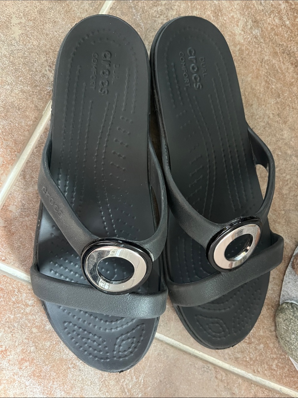 CROCS Women's Black Slide Sandals with Silver Ring Accent